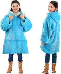 img 4 attached to 🧥 Soft and Cozy Sherpa Hoodie Blanket for Teens, Boys, Girls, Youth, Kids (Ages 7-15), Oversized, Reversible, with Hood and Large Pocket – Light Blue, One Size