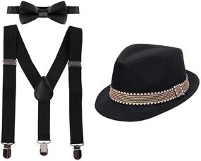img 4 attached to 🎩 Boys Kids 3PCS Suspenders Outfit Set with Bow Tie & Fedora Hat for Party Wedding Girls 5-14T Clothes: A Perfect Ensemble!