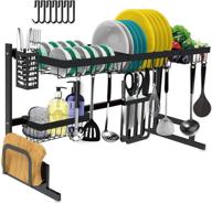 🔀 adjustable over the sink dish drying rack - large dish rack drainer for kitchen organization, storage space saver shelf holder with 7 utility hooks (32-39.5 inch sink size) логотип