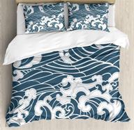 🌊 japanese wave king size duvet cover set - aquatic doodle river storm retro abstract - 3 piece bedding set with 2 pillow shams - slate blue - ambesonne logo