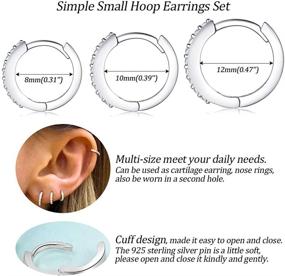 img 3 attached to Stylish Silver Hoop Earrings Set: Small Sterling Silver Huggie Earrings with Cubic Zirconia, Perfect for Women, Girls, Men, and Teens (8mm/10mm/12mm)