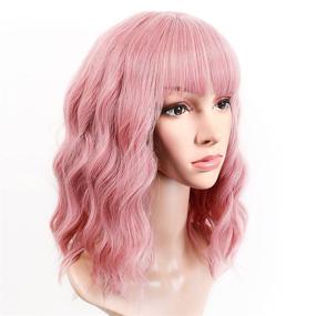 img 3 attached to 💗 14 Inch Headband Pink Wig with Bangs, Anzid Synthetic Shoulder Length Cosplay Wig - Pastel Bob Wig Curly Short Pink Wigs for Women, Glueless and Human Hair-like