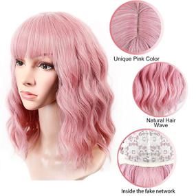 img 1 attached to 💗 14 Inch Headband Pink Wig with Bangs, Anzid Synthetic Shoulder Length Cosplay Wig - Pastel Bob Wig Curly Short Pink Wigs for Women, Glueless and Human Hair-like