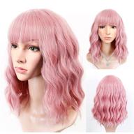 💗 14 inch headband pink wig with bangs, anzid synthetic shoulder length cosplay wig - pastel bob wig curly short pink wigs for women, glueless and human hair-like logo