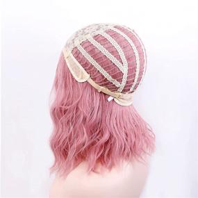 img 2 attached to 💗 14 Inch Headband Pink Wig with Bangs, Anzid Synthetic Shoulder Length Cosplay Wig - Pastel Bob Wig Curly Short Pink Wigs for Women, Glueless and Human Hair-like