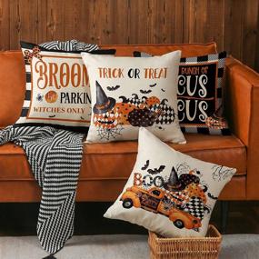 img 1 attached to 🎃 MODOVOS 4pcs 18×18 Inch Halloween Pillow Covers: Stylish Pumpkin Decor Linen Pillow Cases for Sofa Couch - Halloween Black Pillow Covers Included!