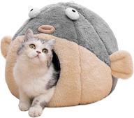 🐱 indoor cat beds - washable cat bed cave with cushioned pillow, plush cotton pet bed, pufferfish cat house design, grey, multiple sizes logo