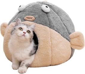 img 4 attached to 🐱 Indoor Cat Beds - Washable Cat Bed Cave with Cushioned Pillow, Plush Cotton Pet Bed, Pufferfish Cat House Design, Grey, Multiple Sizes