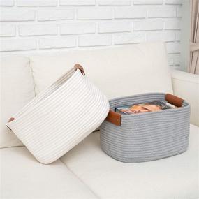 img 1 attached to 🧺 Cotton Rope Storage Baskets Set of 2 - 15" x 11" x 9" Rectangular Gray Woven Basket with Leather Handles for Organizing Magazines, Kids Toys, Clothes, and Blankets