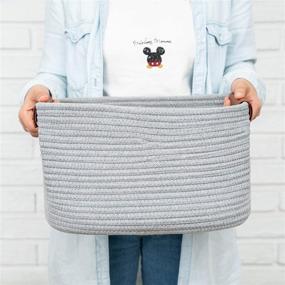img 3 attached to 🧺 Cotton Rope Storage Baskets Set of 2 - 15" x 11" x 9" Rectangular Gray Woven Basket with Leather Handles for Organizing Magazines, Kids Toys, Clothes, and Blankets