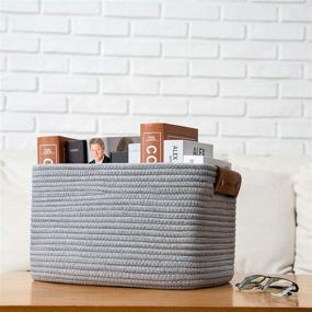 img 2 attached to 🧺 Cotton Rope Storage Baskets Set of 2 - 15" x 11" x 9" Rectangular Gray Woven Basket with Leather Handles for Organizing Magazines, Kids Toys, Clothes, and Blankets