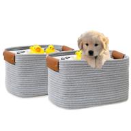 🧺 cotton rope storage baskets set of 2 - 15" x 11" x 9" rectangular gray woven basket with leather handles for organizing magazines, kids toys, clothes, and blankets logo