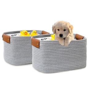 img 4 attached to 🧺 Cotton Rope Storage Baskets Set of 2 - 15" x 11" x 9" Rectangular Gray Woven Basket with Leather Handles for Organizing Magazines, Kids Toys, Clothes, and Blankets