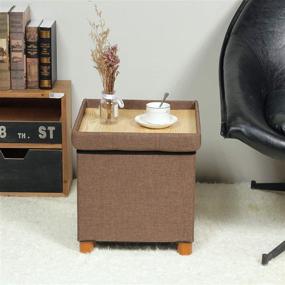 img 3 attached to 🪑 Versatile B FSOBEIIALEO Storage Ottoman: Tray, Foot Stools, Wooden Feet, Cube Seat, Linen Brown 15