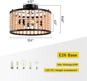 img 2 attached to Stylish Farmhouse Boho 3-Light Wood Beaded Chandelier - Black Semi Flush Mount Ceiling Light for Dining Room, Kitchen, Hallway, Bedroom, Living Room