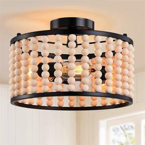 img 4 attached to Stylish Farmhouse Boho 3-Light Wood Beaded Chandelier - Black Semi Flush Mount Ceiling Light for Dining Room, Kitchen, Hallway, Bedroom, Living Room