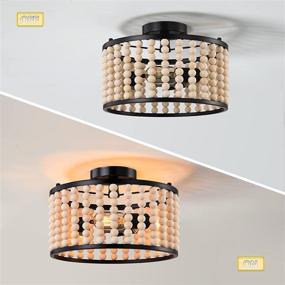 img 1 attached to Stylish Farmhouse Boho 3-Light Wood Beaded Chandelier - Black Semi Flush Mount Ceiling Light for Dining Room, Kitchen, Hallway, Bedroom, Living Room