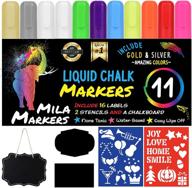 🌈 mila markers chalk markers set: 11 colorful neon pens, chalkboard, stencils, labels - premium liquid chalkboard ink with gold, silver, and extra white, 6mm tips logo