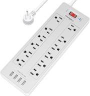 🔌 anhaorui 8-foot power strip with 12 ac outlets and 4 usb ports - surge protector for home, office, and hotel - white/grey логотип