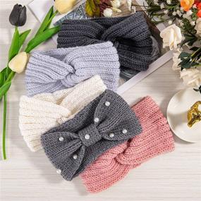 img 2 attached to Set of 5 Winter Knit Headbands - Chunky Knit, Elastic Turban, Crochet Hair Band with Pearls - Ear Warmers for Women and Girls in Pink and Gray Colors by Whaline