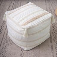 🪡 braided handwoven boho neutral unstuffed pouf - decorative square ottoman pouf cover with tassels and soft tufted footrest for bedroom/living room, 18"x18"x16 logo