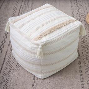 img 4 attached to 🪡 Braided Handwoven Boho Neutral Unstuffed Pouf - Decorative Square Ottoman Pouf Cover with Tassels and Soft Tufted Footrest for Bedroom/Living Room, 18"x18"x16