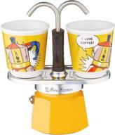 набор для кофе bialetti mini express lichtenstein moka с кофеваркой ☕ на 2 чашки (2.8 унций) + 2 шот-стакана, желтый, алюминий логотип