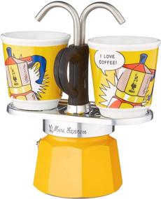 img 3 attached to Набор для кофе Bialetti Mini Express Lichtenstein Moka с кофеваркой ☕ на 2 чашки (2.8 унций) + 2 шот-стакана, желтый, алюминий