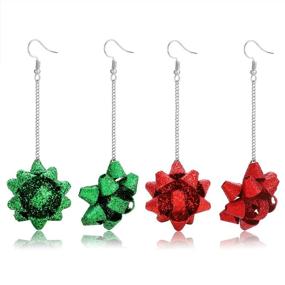 img 4 attached to Sparkling Set of 2 Christmas Earrings: Silver Tone with Green & Red Glitter, Gift Bow Dangle Earrings