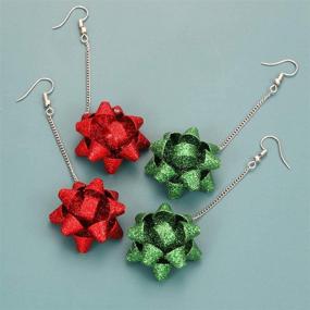 img 1 attached to Sparkling Set of 2 Christmas Earrings: Silver Tone with Green & Red Glitter, Gift Bow Dangle Earrings