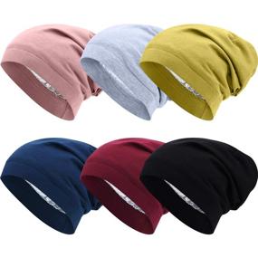 img 4 attached to SATINIOR 6-Piece Satin Lined Sleep Slouchy Cap: Stylish Hair Cap for Frizzy 🎀 Curly Hair Women, Perfect for Sleeping and Headwear (Black, Red, Light Gray, Blue, Yellow, Pink)