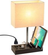 💡 dreamholder desk lamp - usb table lamp with 3 usb charging ports, 2 ac outlets, 3 phone stands, black wooden base, and cream linen shade логотип