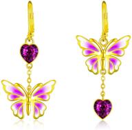 🦋 aoboco 18k gold plated sterling silver butterfly drop dangle earrings with purple enameled leverback and love heart crystals from austria - perfect birthday gifts for women and girls logo