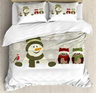 🎄 ambesonne christmas snowman owls duvet cover set - snowy winter day theme with jingle bells, snowflakes - decorative 3-piece king size bedding set incl. 2 pillow shams - cream white logo