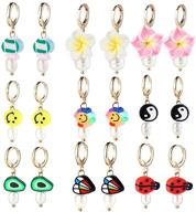 fresh y2k small hoop huggies with smiley face, pearl flower, yin yang, evil eye, beetle, fish, and avocado - cute earrings for girls and women logo