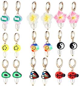 img 4 attached to Fresh Y2K Small Hoop Huggies with Smiley Face, Pearl Flower, Yin Yang, Evil Eye, Beetle, Fish, and Avocado - Cute Earrings for Girls and Women