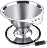 ☕ stainless steel pour over coffee dripper - lhs slow drip coffee filter cone - paperless & reusable single cup coffee maker - 1-2 cup capacity - non-slip cup stand & cleaning brush included logo