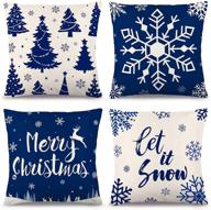zjhai blue christmas pillow covers 18x18 inches - festive snowflake design for navy christmas decorations - set of 4 holiday linen pillow cases for sofa couch and outdoor throw pillows logo
