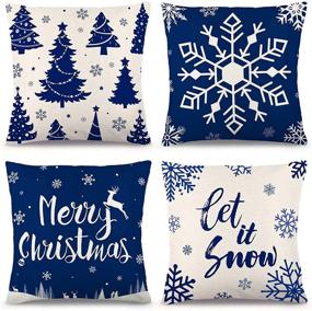 img 4 attached to ZJHAI Blue Christmas Pillow Covers 18x18 Inches - Festive Snowflake Design for Navy Christmas Decorations - Set of 4 Holiday Linen Pillow Cases for Sofa Couch and Outdoor Throw Pillows