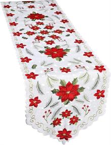 img 1 attached to Vibrant Poinsettia and Holly Leaf Table Runner: OurWarm Christmas Embroidered Table Runner for Festive Holiday Decorations - 15 x 70 Inch