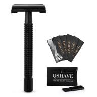 🪒 qshave long handle safety razor for men or women - matte black steel coating, butterfly open, 4-inch handle (1 razor + 5 titanium coated blades + leather travel case) logo