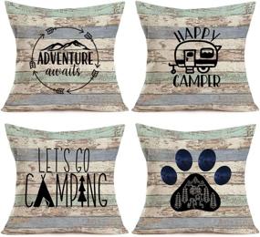 img 4 attached to Camping Vintage Wood Home Decor Pillowcase Set: Happy Camper Quotes Saying with RV Travel Car Tent Mountain Tree Design - Set of 4, 18’’x18’’ Cushion Covers