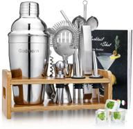 🍸 bartender kit, godmorn 15pcs cocktail shaker set, 304 stainless steel martini shaker and strainer, 550ml /19oz bar tool set with bamboo stand, recipe book, for home and bar logo