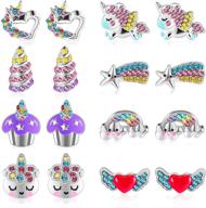 🦄 set of 8 pairs unicorn earrings for girls - rainbow cake, toddler, & cute little girls silver stud earrings - stainless steel unicorn earrings set logo