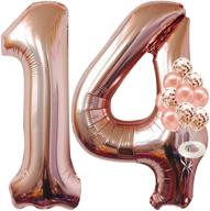 🎈 40 inch 14 balloon numbers - rose gold confetti balloons included! happy 14th birthday decorations for girls - perfect for rose gold 14 year old girl birthday party логотип