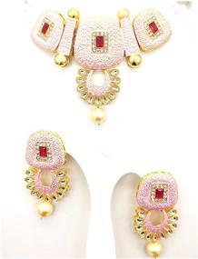 img 3 attached to 👑 Exquisite Jewar Mandi Brass Pink Collar Contemporary/Fashion Gold Plated Necklaces Set for Women &amp; Girls - Style 8501