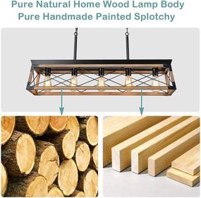 img 2 attached to 🏡 Airposta Farmhouse Rustic Wood Chandelier, 5-Light Metal Rectangle Dining Room Swag Lighting, Industrial Linear Cage Pendant Light Fixtures Hanging Lamp for Kitchen Island