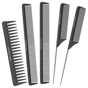 img 4 attached to Набор причесочных расчесок Bardeau Essentials Salon Styling Combs - 5 штук профессиональных черных расчесок из карбонового волокна для мужчин и женщин: расческа для распутывания волос, расческа с "крысым хвостом", расческа для укладки и комбинированная расческа салонного качества.