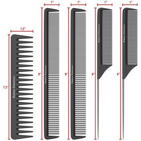 img 3 attached to Набор причесочных расчесок Bardeau Essentials Salon Styling Combs - 5 штук профессиональных черных расчесок из карбонового волокна для мужчин и женщин: расческа для распутывания волос, расческа с "крысым хвостом", расческа для укладки и комбинированная расческа салонного качества.