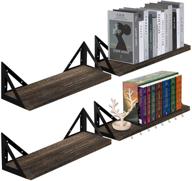 rustic wood floating wall shelves - set of 4 | heavy-duty & 📚 decorative wall mounted bookshelves for living room, bathroom, kitchen, office | includes 8 free hooks logo